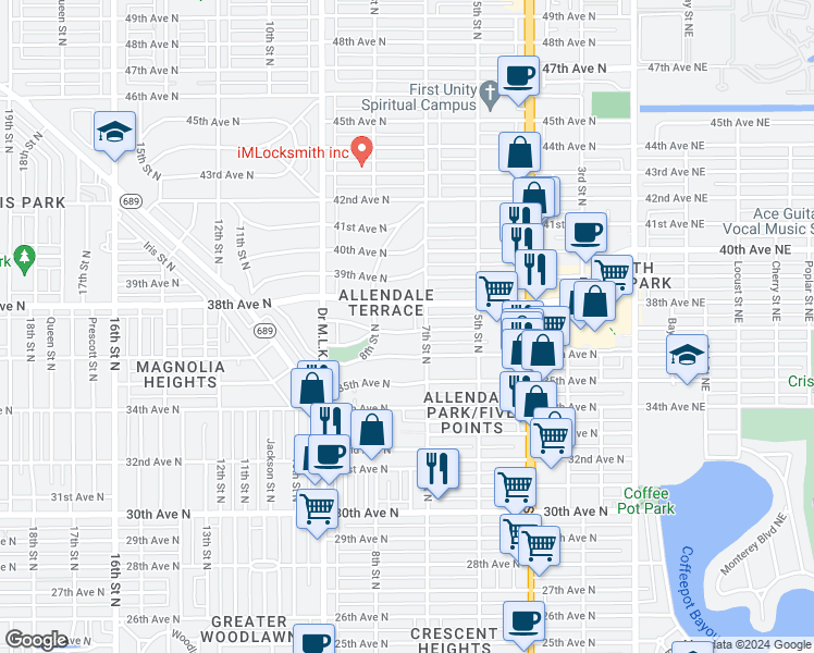 map of restaurants, bars, coffee shops, grocery stores, and more near 726 37th Avenue North in St. Petersburg