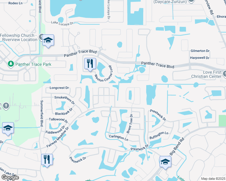 map of restaurants, bars, coffee shops, grocery stores, and more near 12907 Fieldmoor Court in Riverview