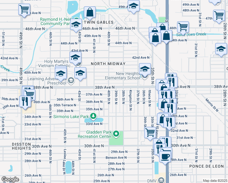 map of restaurants, bars, coffee shops, grocery stores, and more near 3705 40th Street North in St. Petersburg