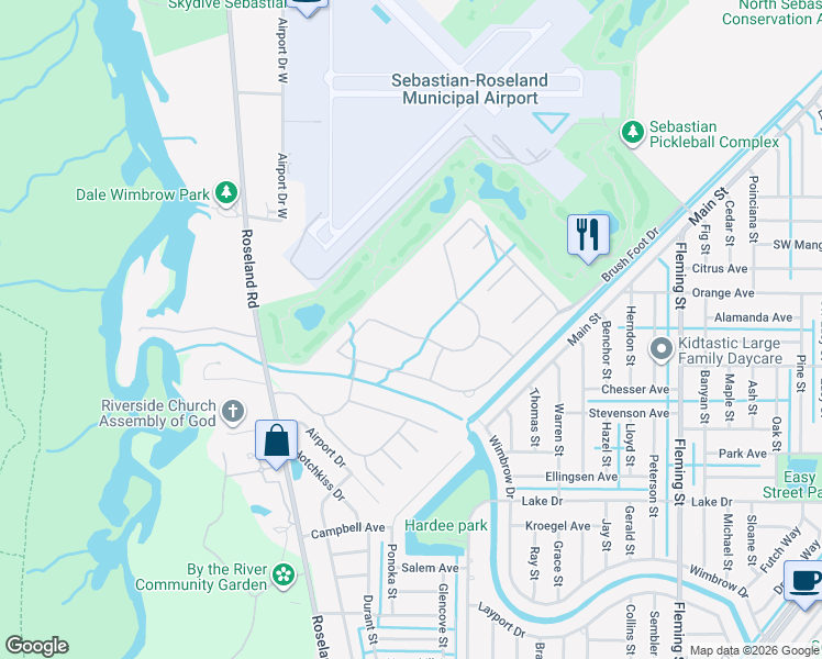 map of restaurants, bars, coffee shops, grocery stores, and more near 686 Gossamer Wing Way in Sebastian
