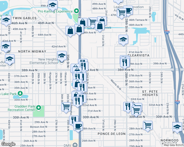 map of restaurants, bars, coffee shops, grocery stores, and more near 3745 33rd Street North in St. Petersburg