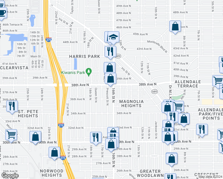 map of restaurants, bars, coffee shops, grocery stores, and more near 3722 16th Street North in St. Petersburg