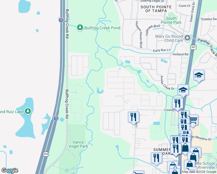 map of restaurants, bars, coffee shops, grocery stores, and more near 12715 Lemon Pepper Drive in Riverview