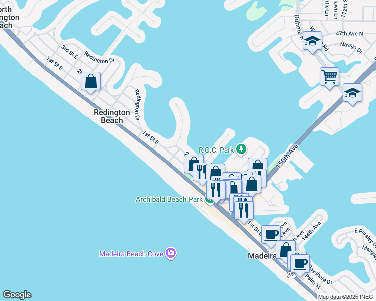map of restaurants, bars, coffee shops, grocery stores, and more near 15433 2nd Street East in Madeira Beach