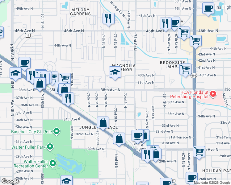map of restaurants, bars, coffee shops, grocery stores, and more near 7313 37th Avenue North in St. Petersburg