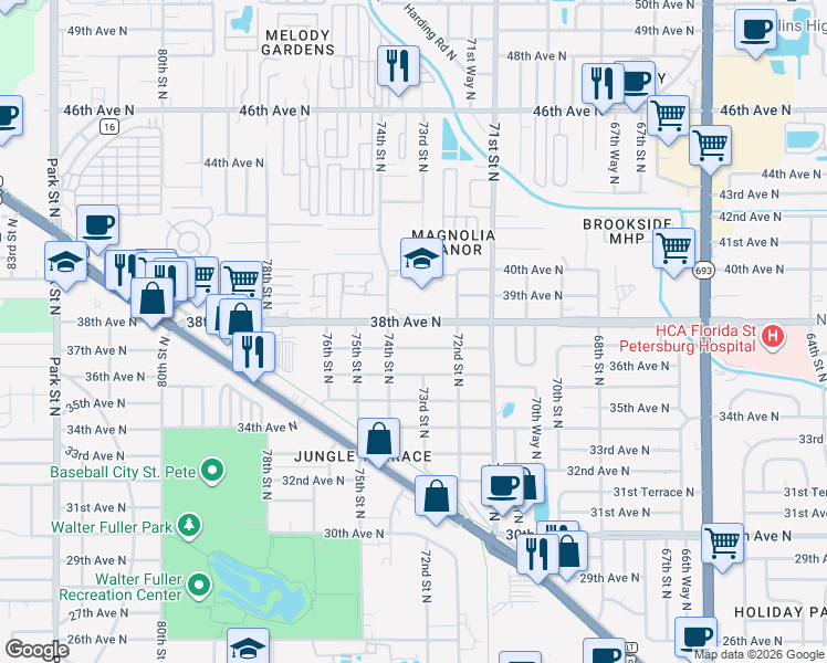 map of restaurants, bars, coffee shops, grocery stores, and more near 7313 37th Avenue North in St. Petersburg