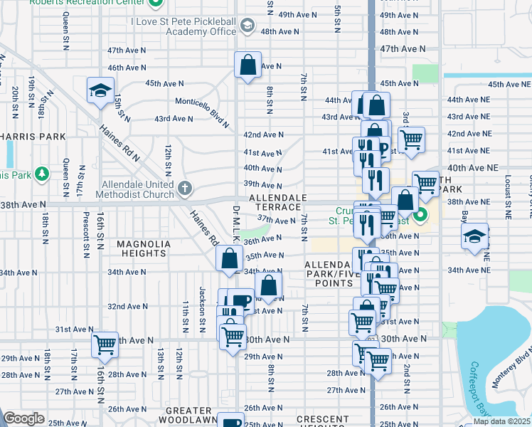 map of restaurants, bars, coffee shops, grocery stores, and more near 815 Jennings Avenue North in St. Petersburg