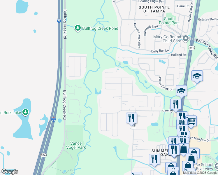 map of restaurants, bars, coffee shops, grocery stores, and more near 12722 Lemon Pepper Drive in Riverview
