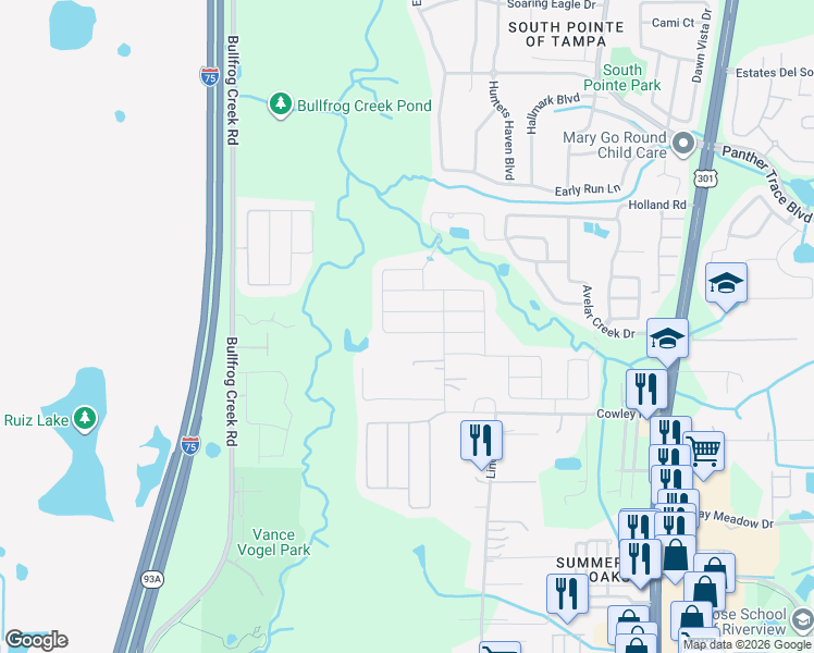 map of restaurants, bars, coffee shops, grocery stores, and more near 12739 Lemon Pepper Drive in Riverview