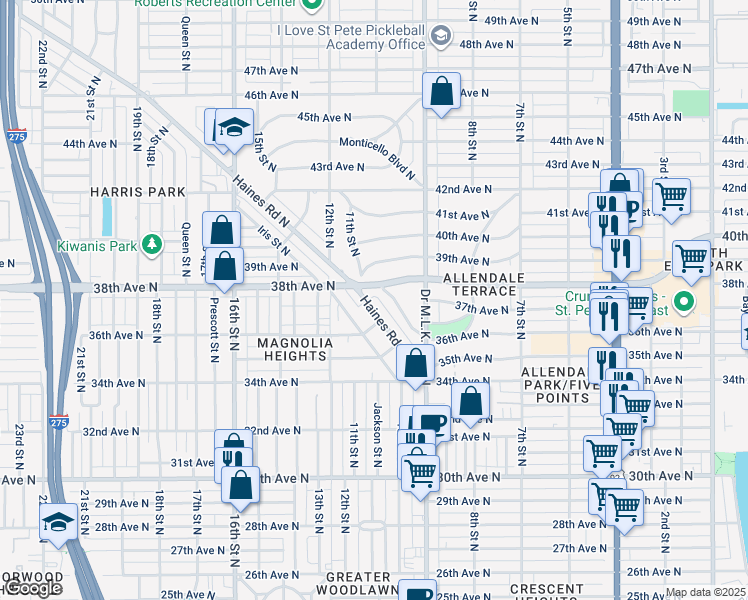 map of restaurants, bars, coffee shops, grocery stores, and more near 3601 Haines Road North in St. Petersburg