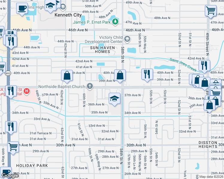 map of restaurants, bars, coffee shops, grocery stores, and more near 5890 38th Avenue North in St. Petersburg