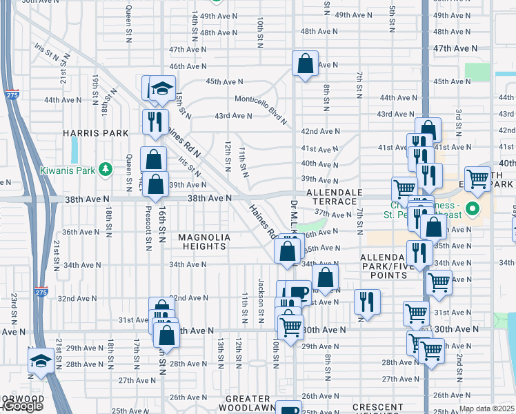map of restaurants, bars, coffee shops, grocery stores, and more near 3601 Haines Road North in St. Petersburg