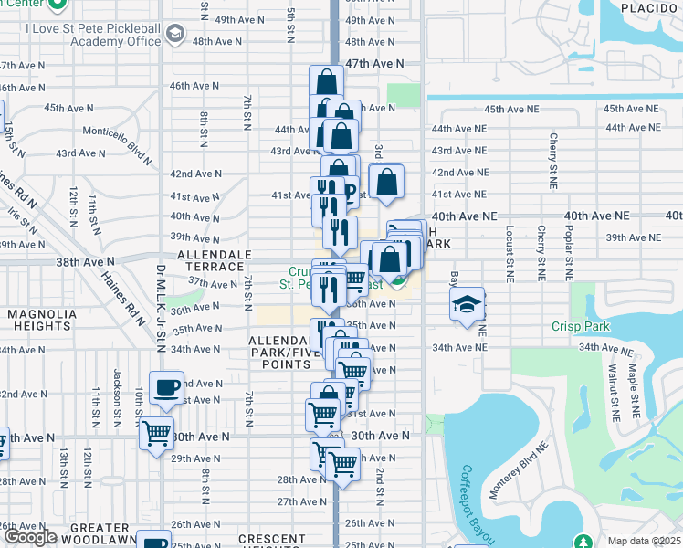 map of restaurants, bars, coffee shops, grocery stores, and more near 3637 4th Street North in St. Petersburg
