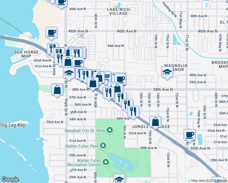 map of restaurants, bars, coffee shops, grocery stores, and more near 7830 38th Avenue North in Saint Petersburg