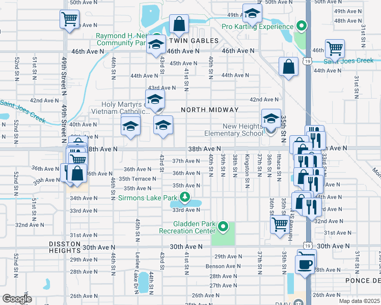 map of restaurants, bars, coffee shops, grocery stores, and more near 4058 37th Avenue North in St. Petersburg