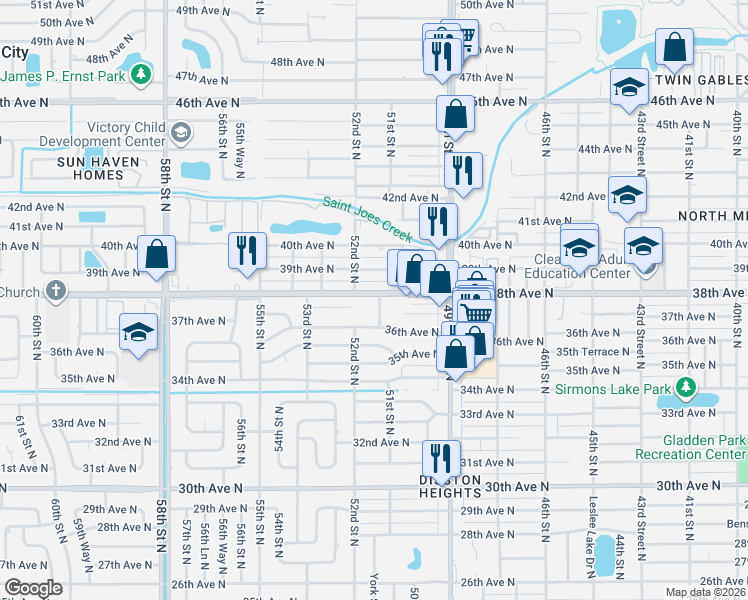 map of restaurants, bars, coffee shops, grocery stores, and more near 3780 51st Street North in St. Petersburg