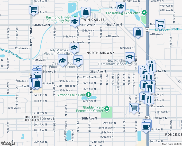 map of restaurants, bars, coffee shops, grocery stores, and more near 4058 37th Avenue North in St. Petersburg
