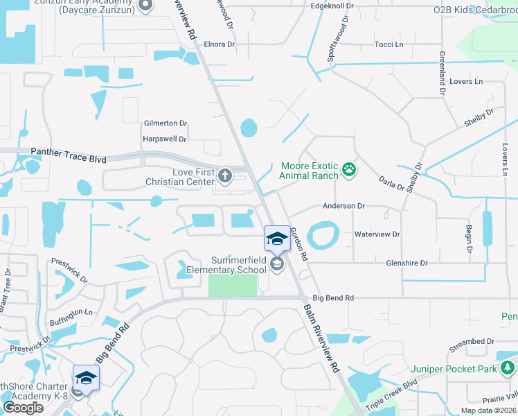 map of restaurants, bars, coffee shops, grocery stores, and more near 12902 Cattail Shore Lane in Riverview