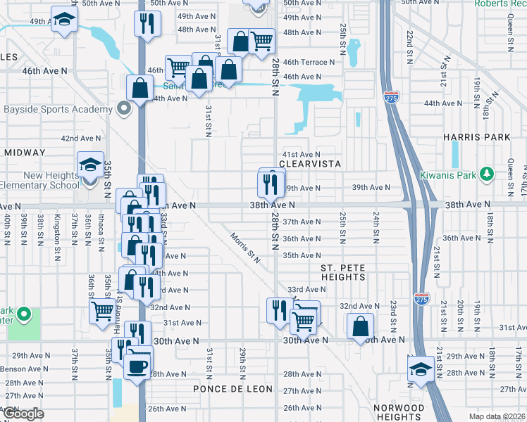 map of restaurants, bars, coffee shops, grocery stores, and more near 2826 38th Avenue North in St. Petersburg