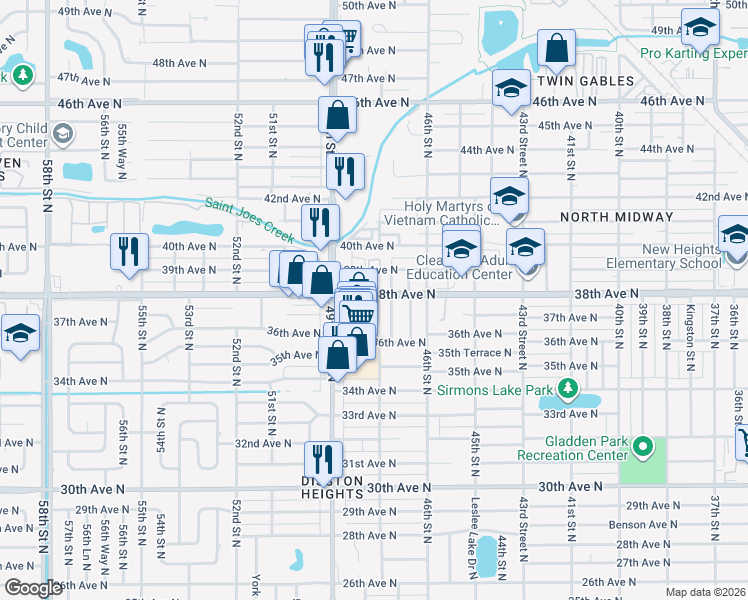map of restaurants, bars, coffee shops, grocery stores, and more near 3645 Utica Street North in St. Petersburg
