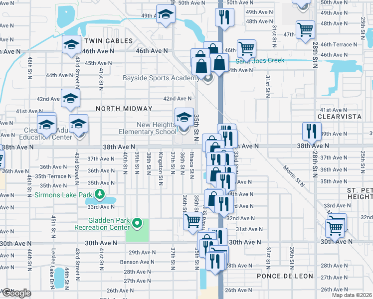 map of restaurants, bars, coffee shops, grocery stores, and more near 3646 36th Street North in St. Petersburg