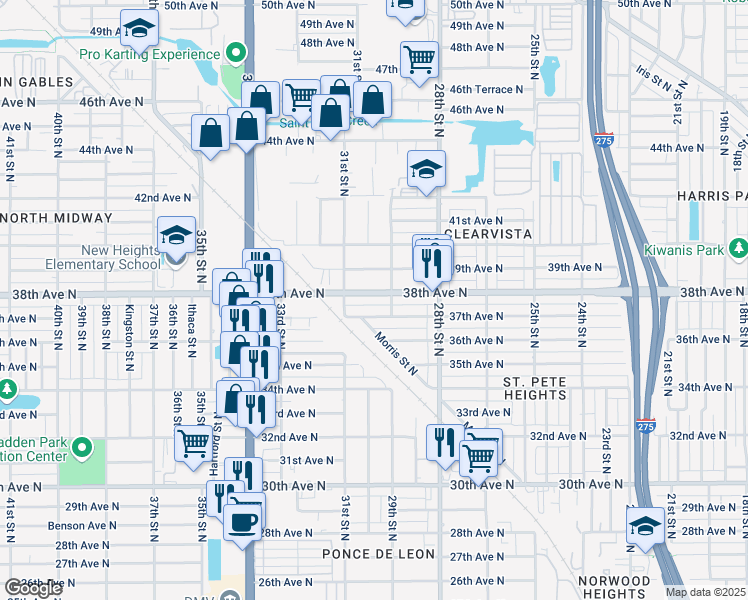 map of restaurants, bars, coffee shops, grocery stores, and more near 2924 37th Avenue North in St. Petersburg