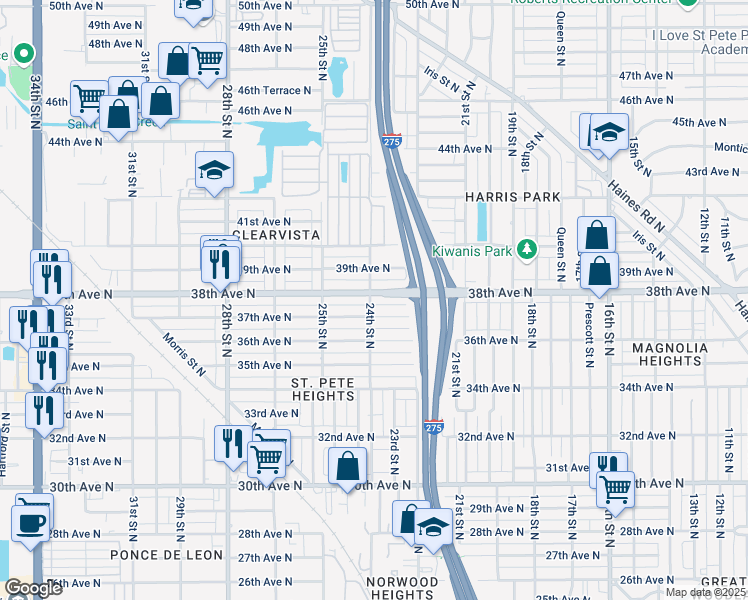 map of restaurants, bars, coffee shops, grocery stores, and more near 2335 38th Avenue North in St. Petersburg
