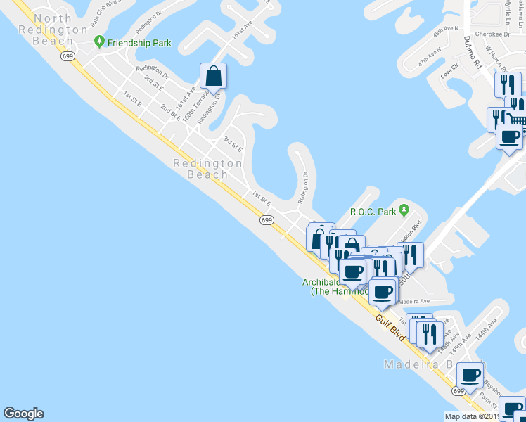 map of restaurants, bars, coffee shops, grocery stores, and more near 15601 Gulf Boulevard in Saint Petersburg