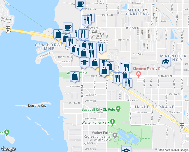 map of restaurants, bars, coffee shops, grocery stores, and more near 7999 38th Avenue North in St. Petersburg