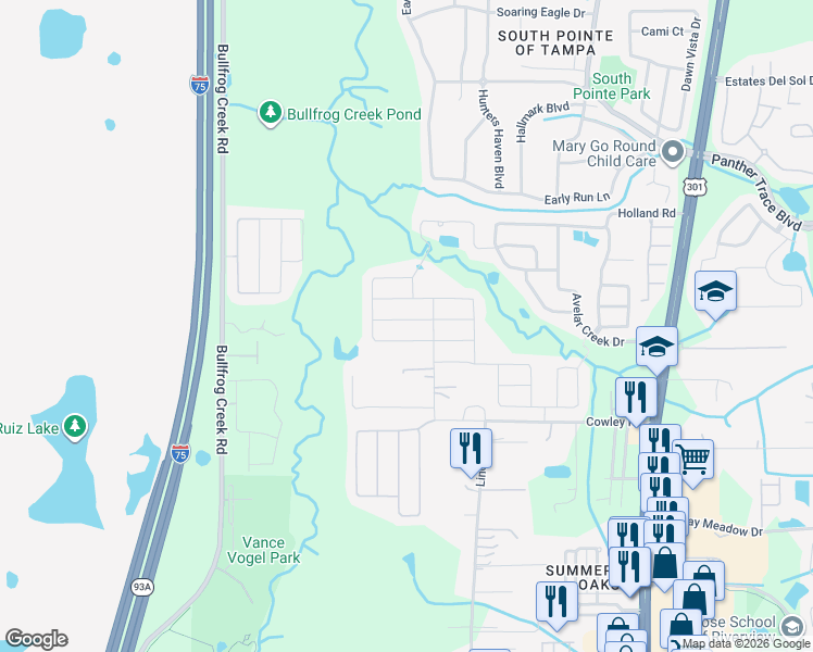 map of restaurants, bars, coffee shops, grocery stores, and more near 10019 Rose Petal Place in Riverview