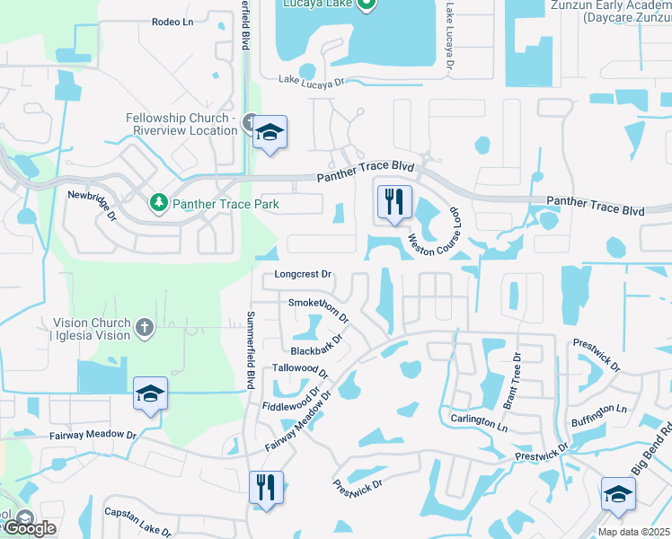 map of restaurants, bars, coffee shops, grocery stores, and more near 12613 Longcrest Drive in Riverview