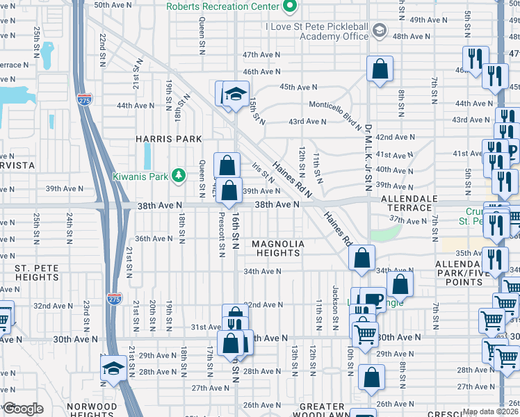 map of restaurants, bars, coffee shops, grocery stores, and more near 1338 14th Street North in St. Petersburg