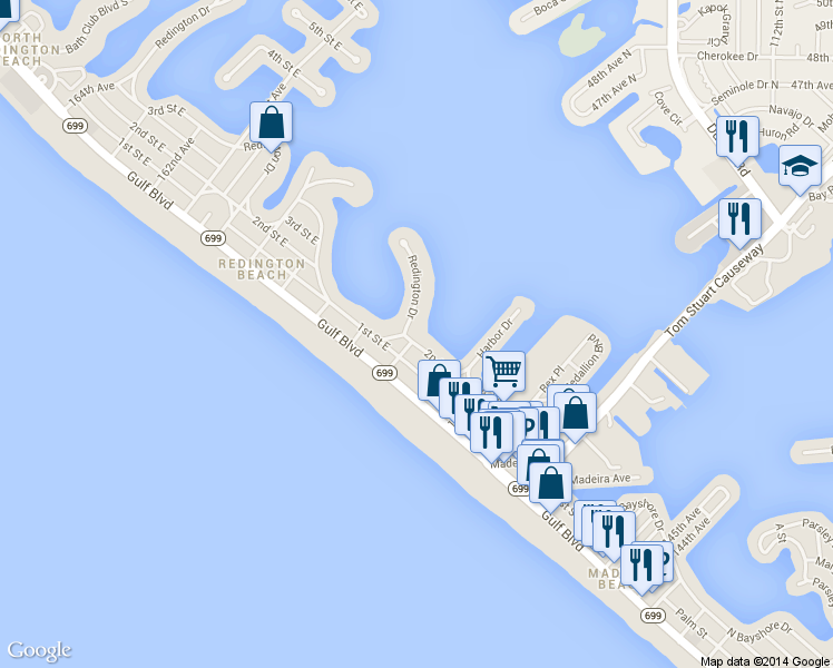 map of restaurants, bars, coffee shops, grocery stores, and more near 15501 Redington Dr in Redington Beach