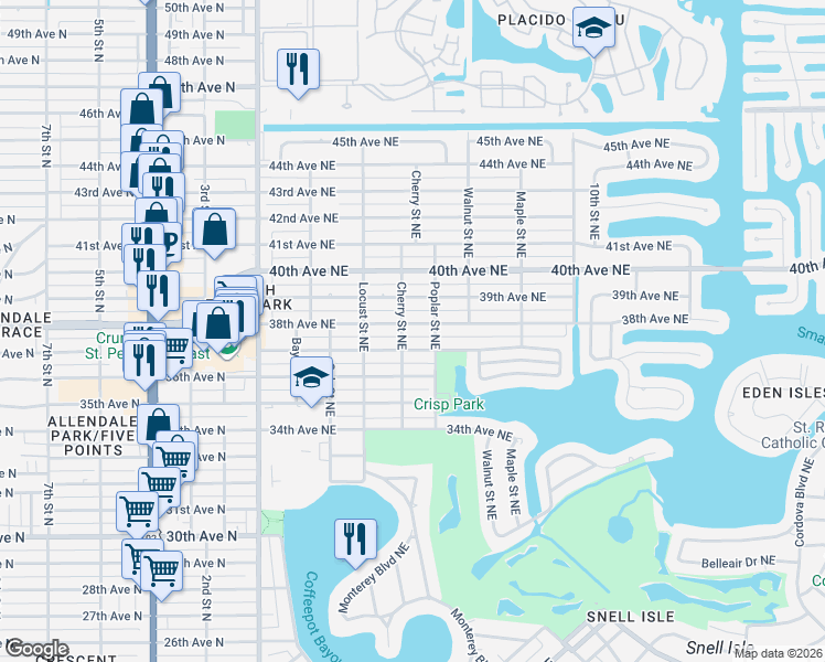 map of restaurants, bars, coffee shops, grocery stores, and more near 514 38th Avenue Northeast in St. Petersburg