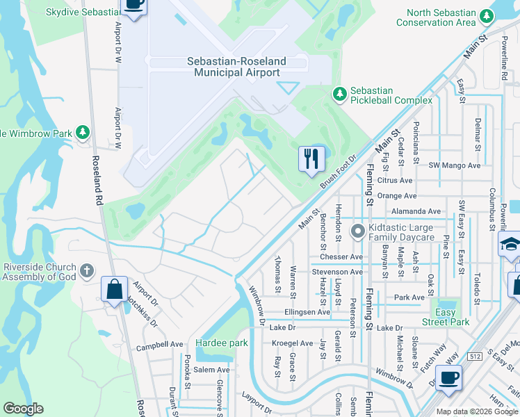 map of restaurants, bars, coffee shops, grocery stores, and more near 606 Monarch Way in Sebastian