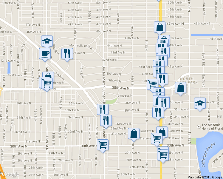 map of restaurants, bars, coffee shops, grocery stores, and more near 829 38th Avenue North in St. Petersburg
