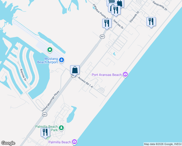 map of restaurants, bars, coffee shops, grocery stores, and more near 603 Parkplace in Port Aransas