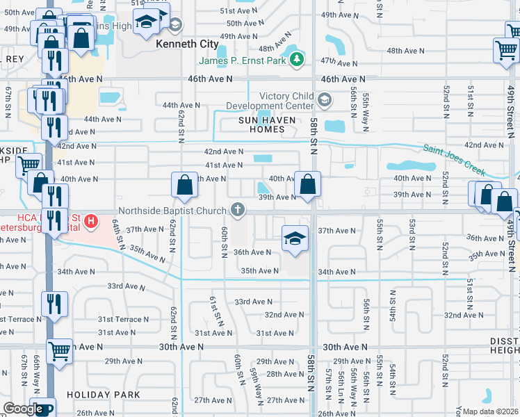 map of restaurants, bars, coffee shops, grocery stores, and more near 5960 39th Avenue North in St. Petersburg