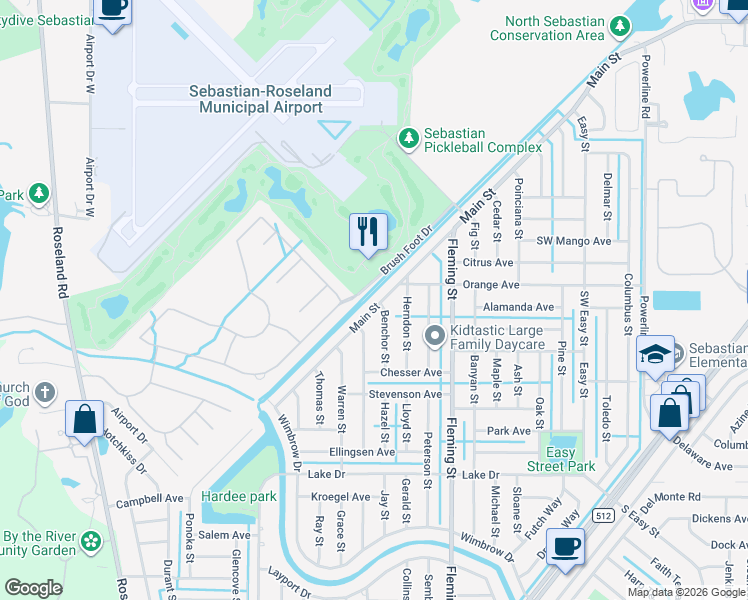 map of restaurants, bars, coffee shops, grocery stores, and more near 318 Main Street in Sebastian
