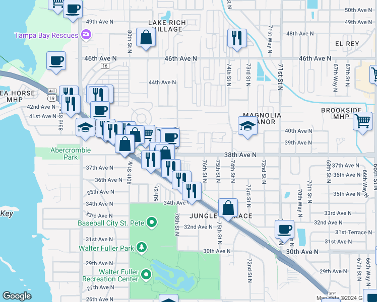 map of restaurants, bars, coffee shops, grocery stores, and more near 7701 38th Avenue North in St. Petersburg