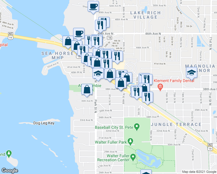 map of restaurants, bars, coffee shops, grocery stores, and more near 8101 38th Avenue North in St. Petersburg