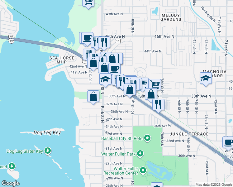 map of restaurants, bars, coffee shops, grocery stores, and more near 8101 38th Avenue North in St. Petersburg