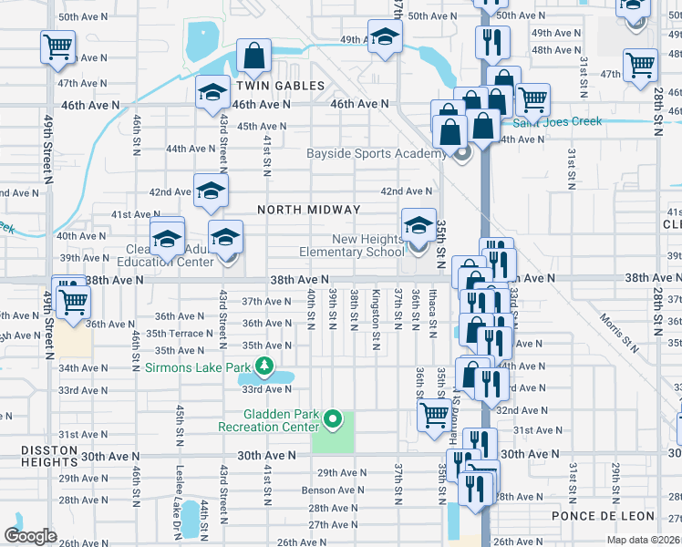 map of restaurants, bars, coffee shops, grocery stores, and more near 3827 38th Avenue North in St. Petersburg