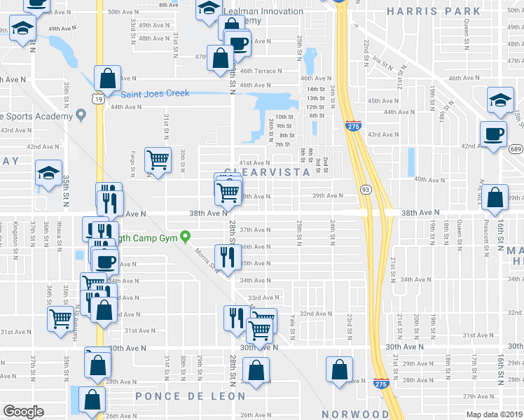 map of restaurants, bars, coffee shops, grocery stores, and more near 3826 26th Street North in St. Petersburg