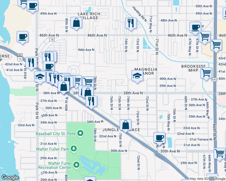 map of restaurants, bars, coffee shops, grocery stores, and more near 3860 75th Way North in St. Petersburg