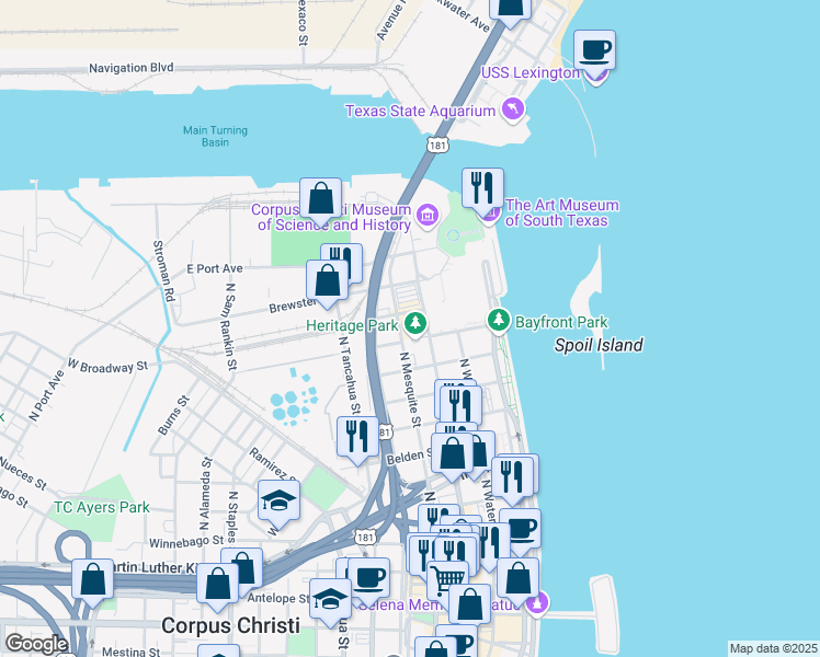map of restaurants, bars, coffee shops, grocery stores, and more near 1601-1699 Mesquite Street in Corpus Christi