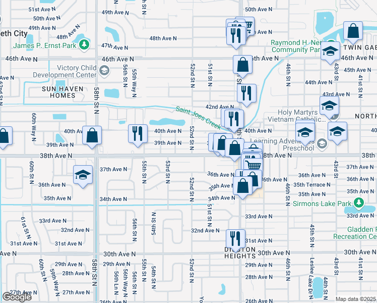 map of restaurants, bars, coffee shops, grocery stores, and more near 5154 39th Avenue North in St. Petersburg