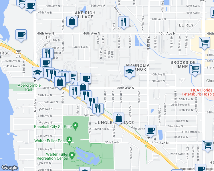 map of restaurants, bars, coffee shops, grocery stores, and more near 7533 38th Avenue North in St. Petersburg
