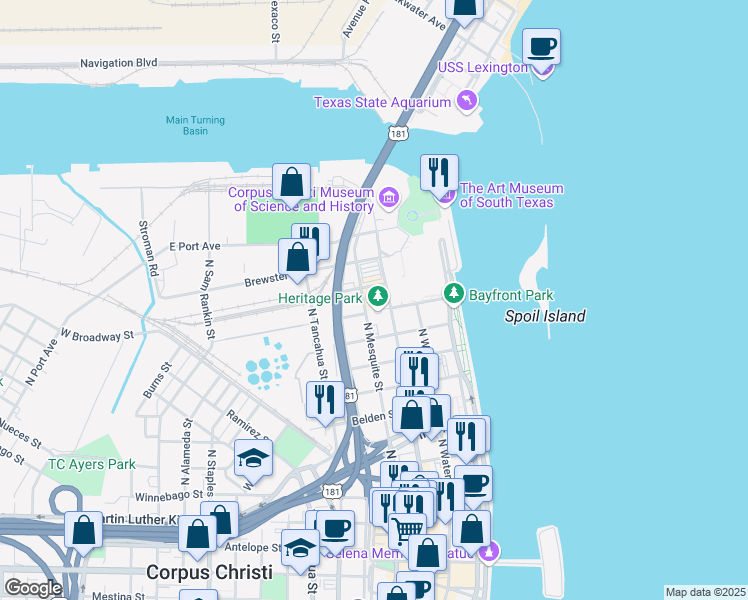 map of restaurants, bars, coffee shops, grocery stores, and more near 1601 North Chaparral Street in Corpus Christi