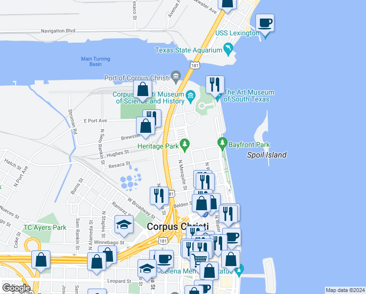 map of restaurants, bars, coffee shops, grocery stores, and more near 1601 North Chaparral Street in Corpus Christi